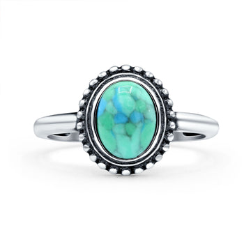 Petite Dainty Lab Opal Ring Solid Round Oxidized Simulated Turquoise 925 Sterling Silver